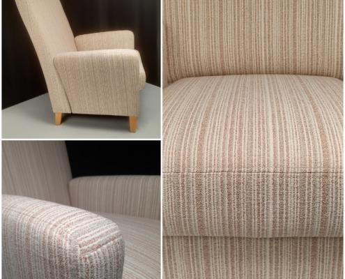 Sessel aus den 70er Jahren mit hoher Lehne neu bezogen.